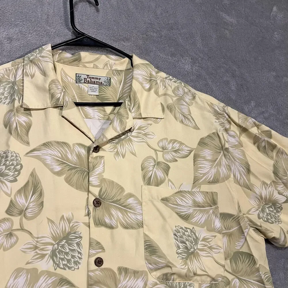 Tommy Bahama Shirt Mens Large Yellow Green Floral Silk Camp Hawaiian Pocket - Picture 3 of 7